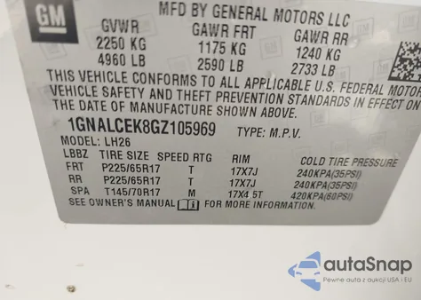 2016 Chevrolet Equinox Lt z USA, uszkodzony, nr VIN 1GNALCEK8GZ105969